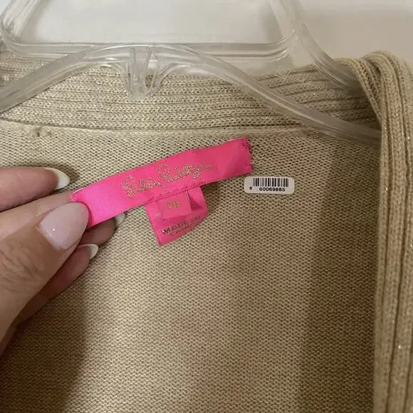 Lilly Pulitzer Abelle knit beige gold shimmer cardigan sweater Medium - Picture 2 of 5